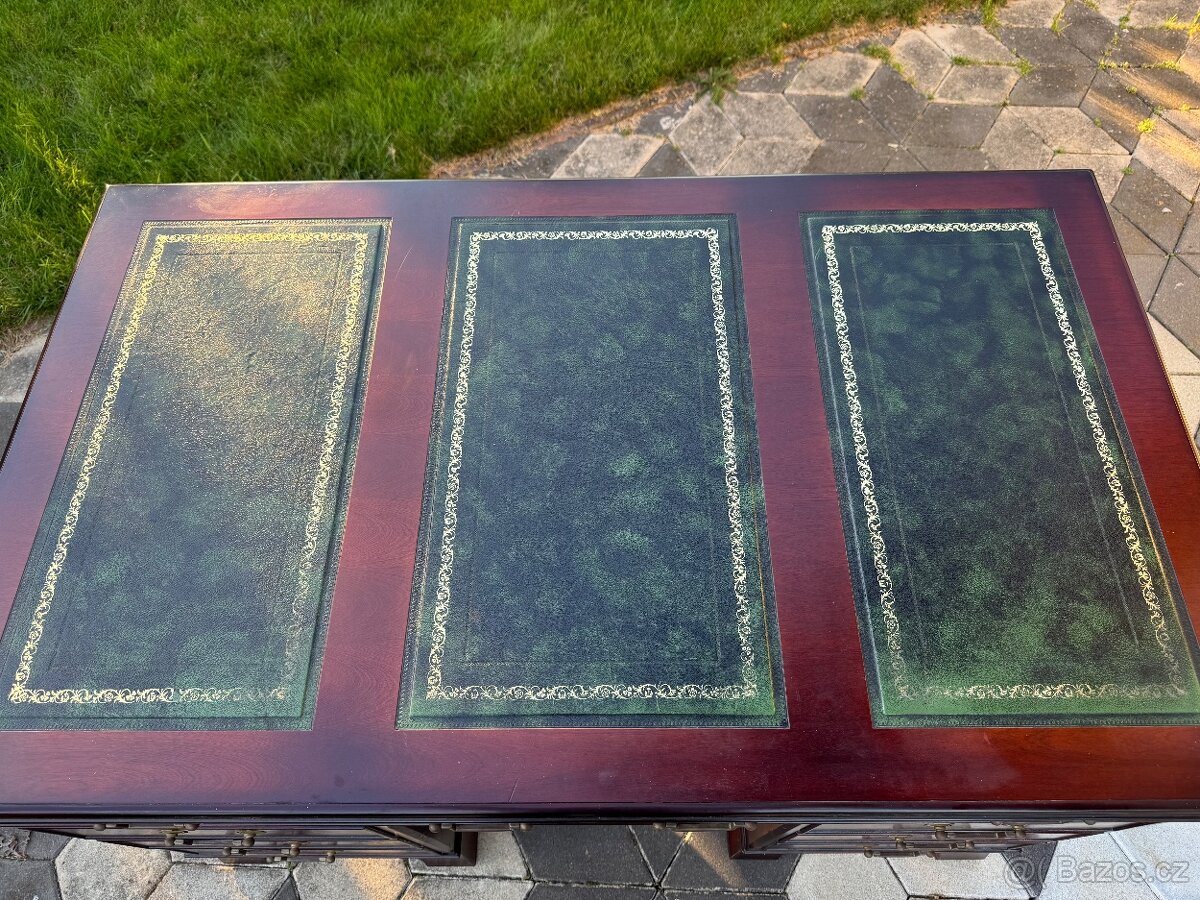 Psací stůl mahagon zelená kůže - 7