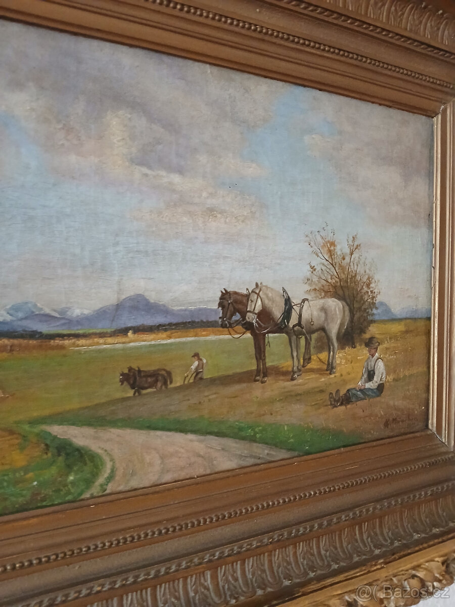 Starožitný obraz signovaný rok 1900 ze zadu štítek malíře. - 7