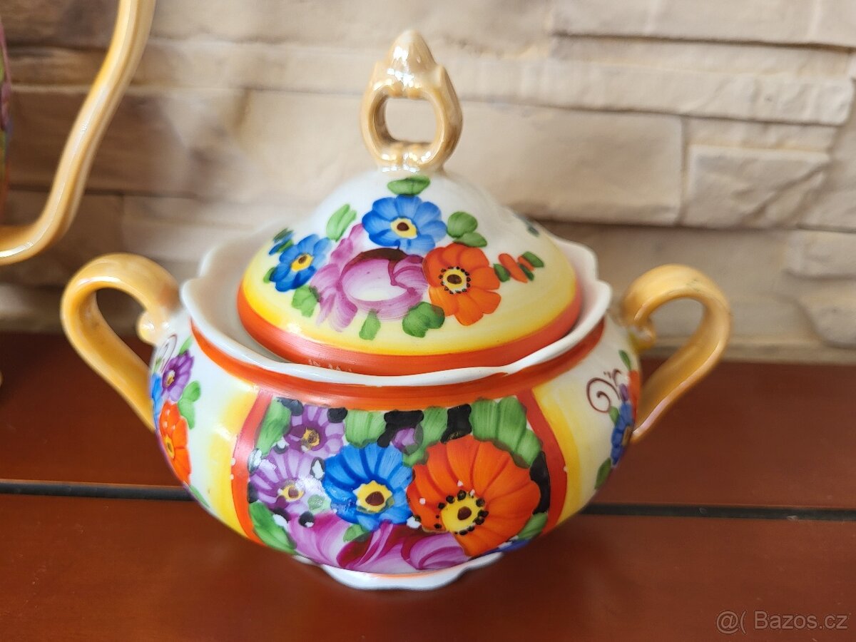 STAROŽITNÁ KOVOVÁ SOUPRAVA ART DECO- RUČNĚ MALOVANÁ - 7