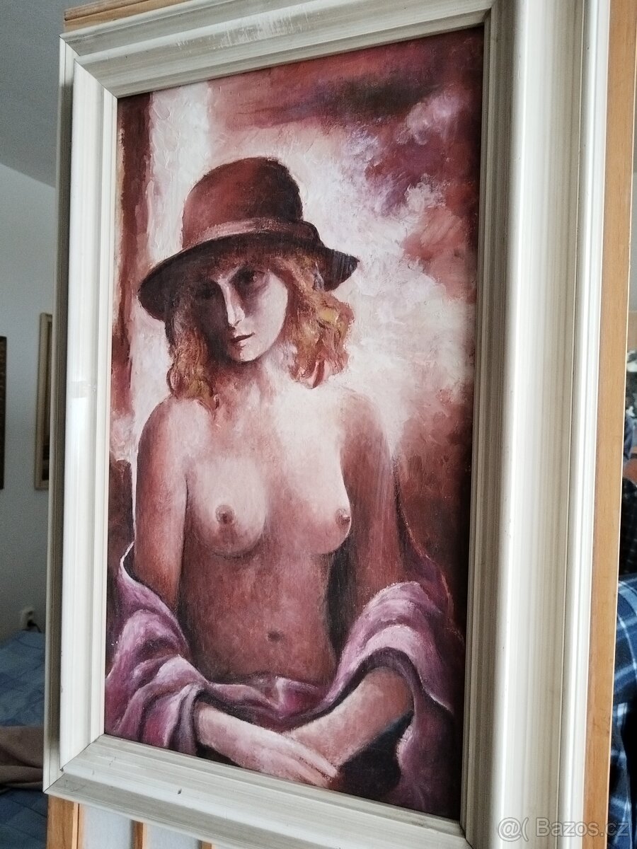 obraz DÍVKA V KLOBOUKU, akt, olej, nesignováno - 7