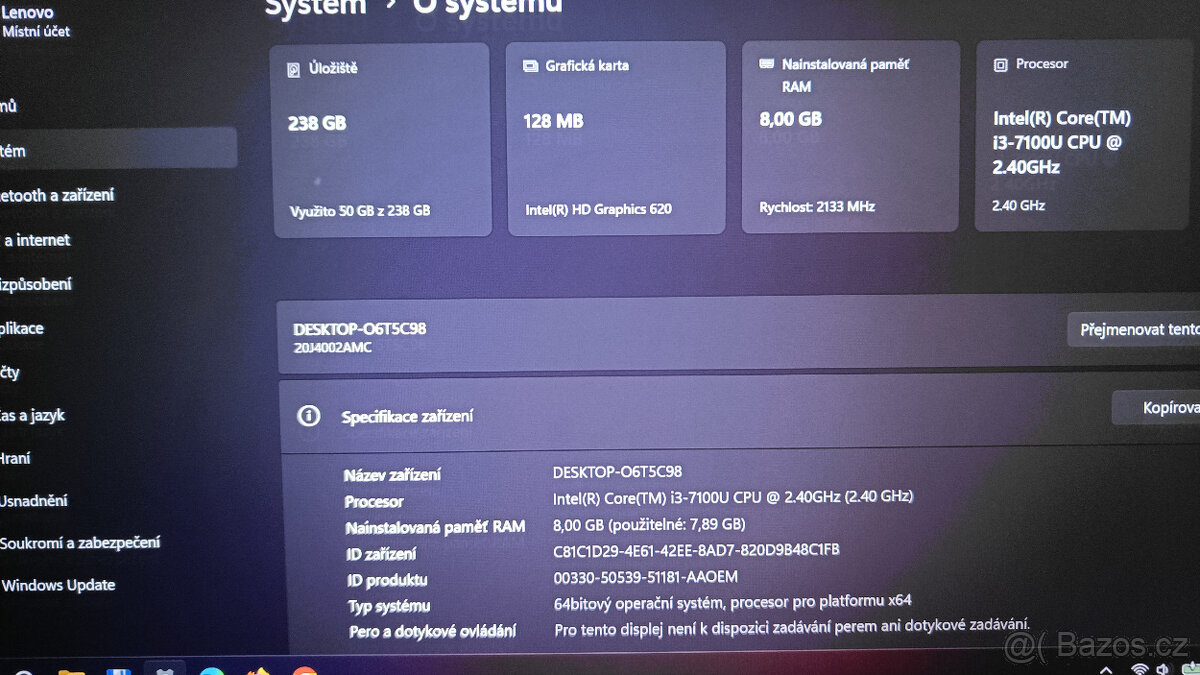 Lenovo/i3-7100U/SSD 256 GB/RAM 8 GB - 7