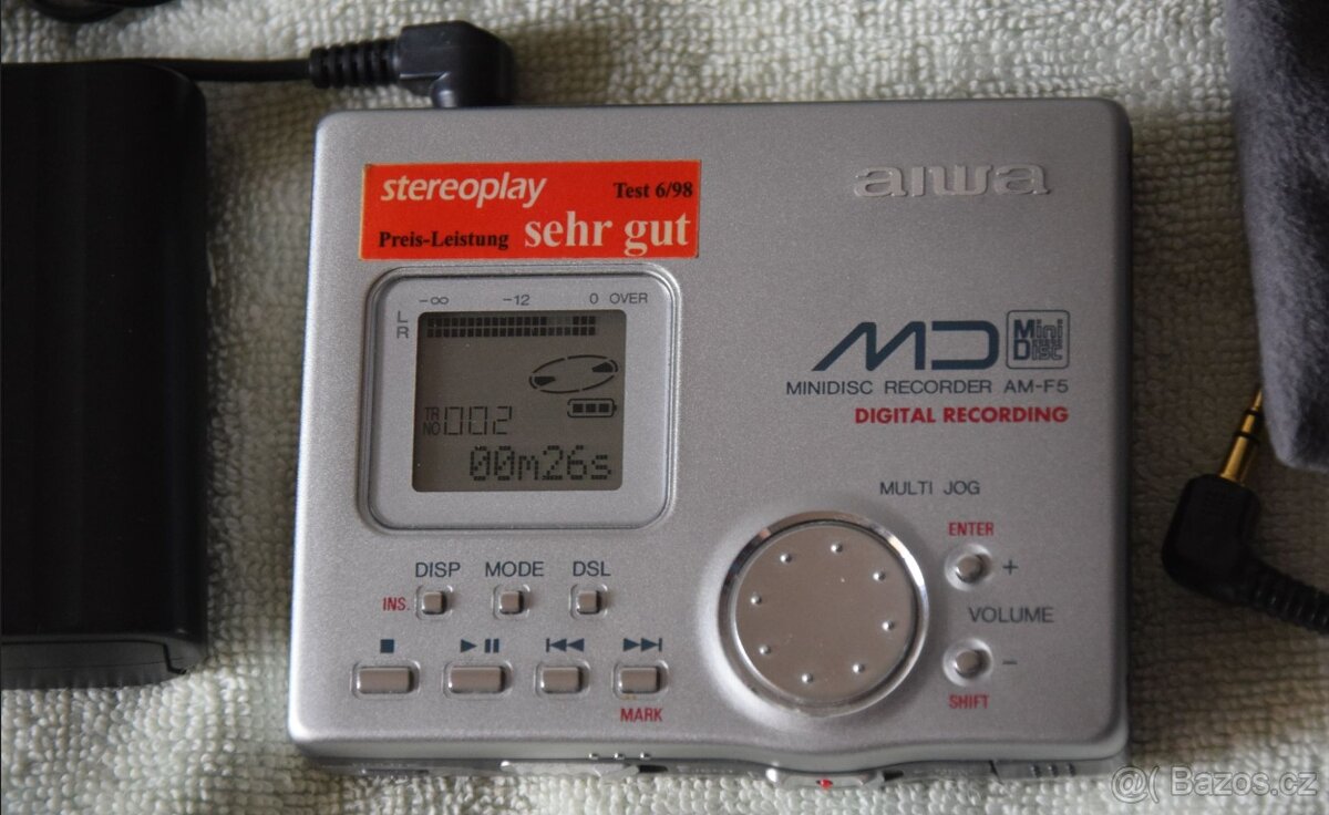 Minidisc Aiwa AM-F5, nabíječka, AA adapter, manual, MD disky - 7