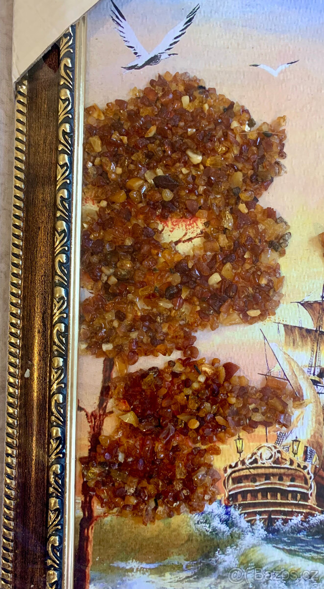 Luxusní jantarový obraz „Maják a plachetnice“ – originál - 7