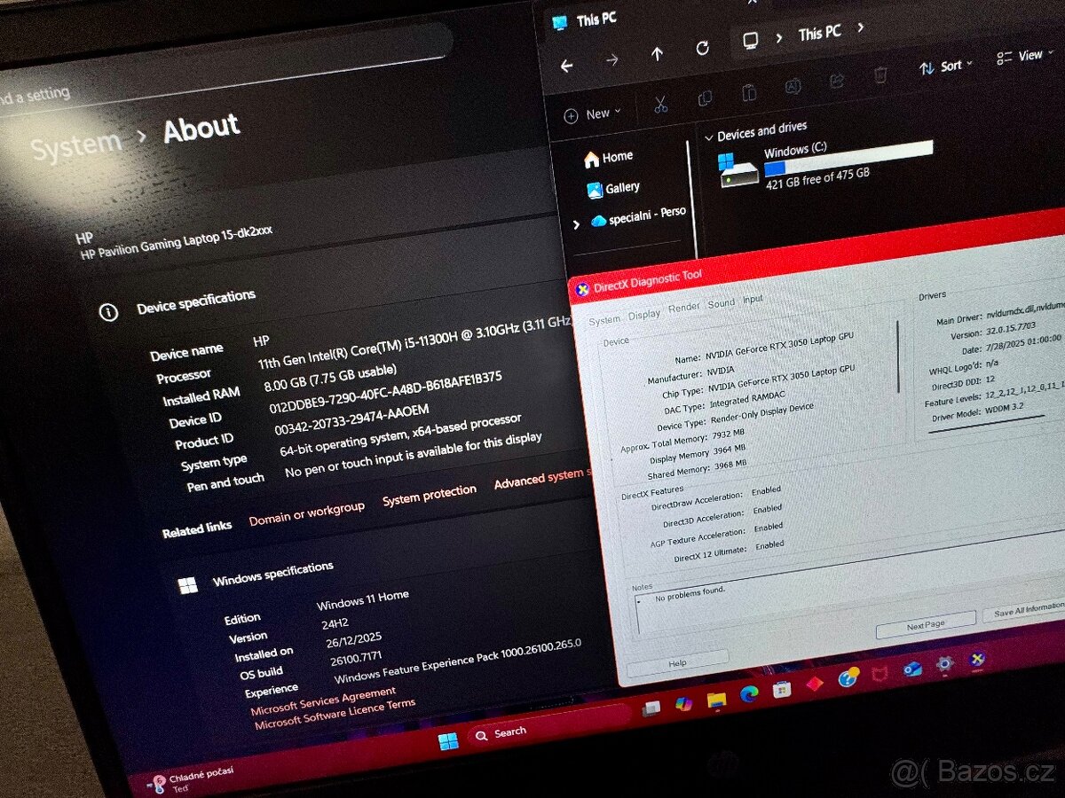 HERNÍ NOTEBOOK HP I5 11300H/8GB RAM/RTX 3050/512GB SSD - 7