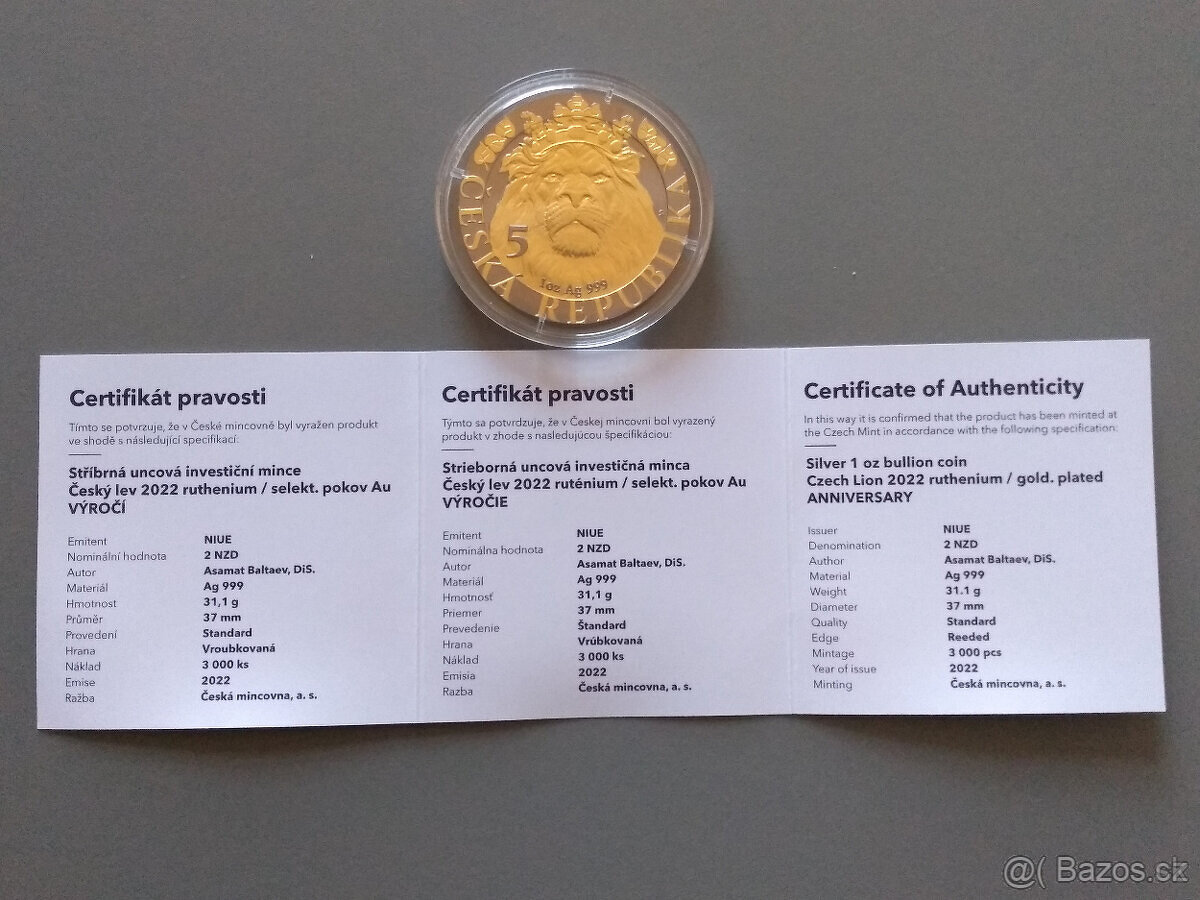 PRODÁM STŘÍBRNOU 1 Oz MINCU ČESKÝ LEV 2022 RUTHENIUM - 7