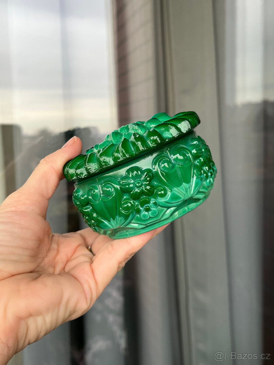 Dóza Ingrid malachitové jade sklo Curt Schlevogt - 7