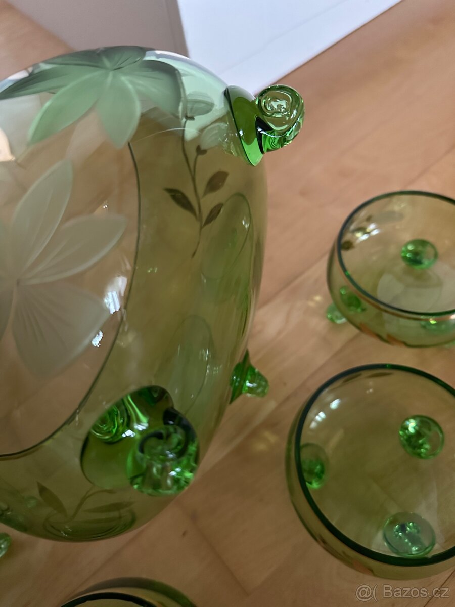 Starožitné skleněné zelené broušené misky mísa sada set 6 ks - 7