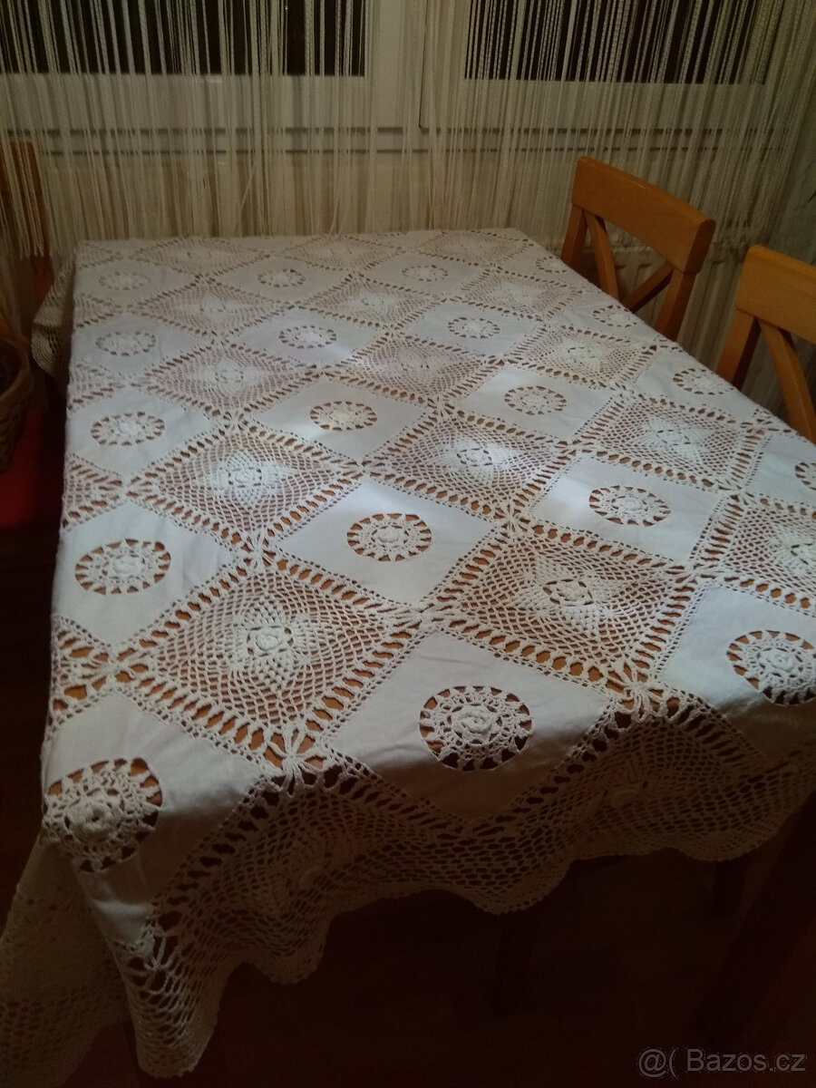 Ubrus bílý, bavlněný, háčkované vsuvky, 120x170cm - 7