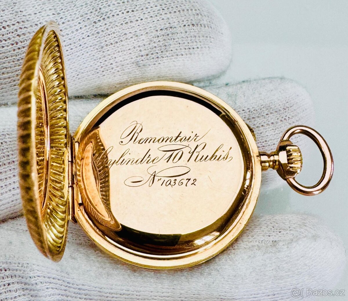 VZÁCNÉ 14K ZLATÉ KAPESNÍ HODINKY REMONTOIR S ŘETÍZKEM V ETUI - 7