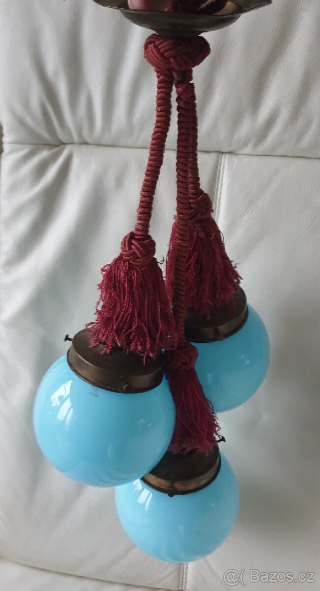Starožitný lustr art deco na provazu modré koule - 7