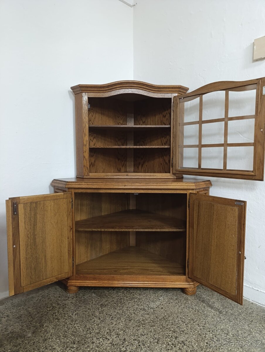 Rustikální příborník / rohová komoda + vitrína, masív - 7