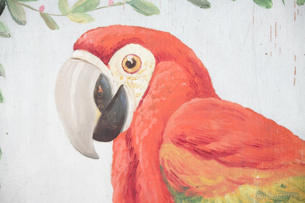 Secesní Dubový Paraván Zástěna Papoušek Ara Restaurováno - 7