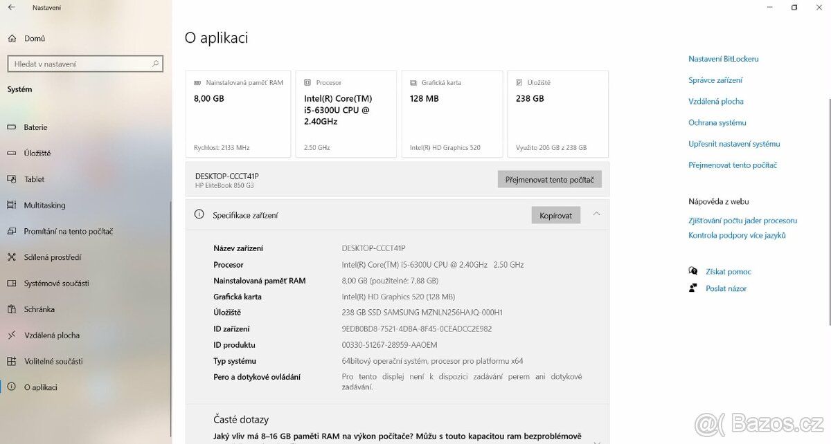 Prodám notebook HP EliteBook 850 G3 - 7