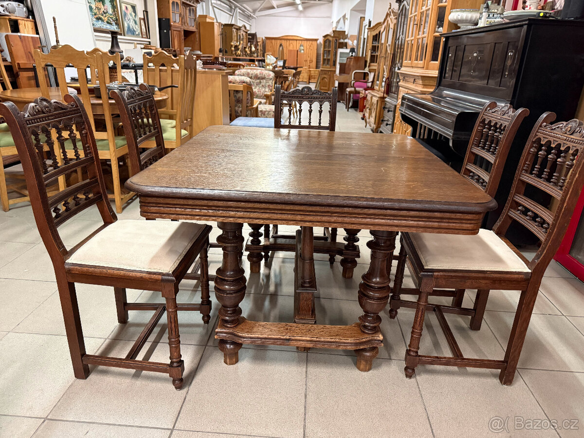 dvakrát historický set dubového stolu a šesti židlí - 7
