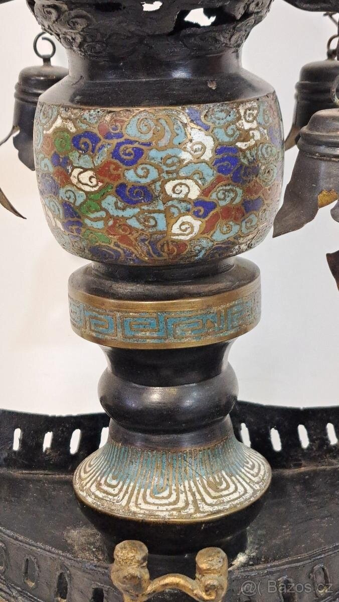 UNIKÁT-Velká starožitná cloisonné bronzová kadidelnice/lampa - 7