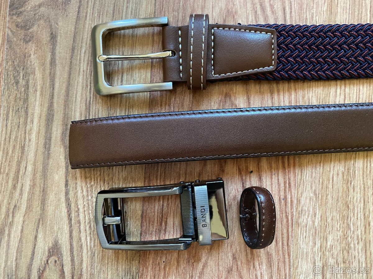 Nový dárkový set opasků BANDI - hnědý kožený, vínový pružný - 7