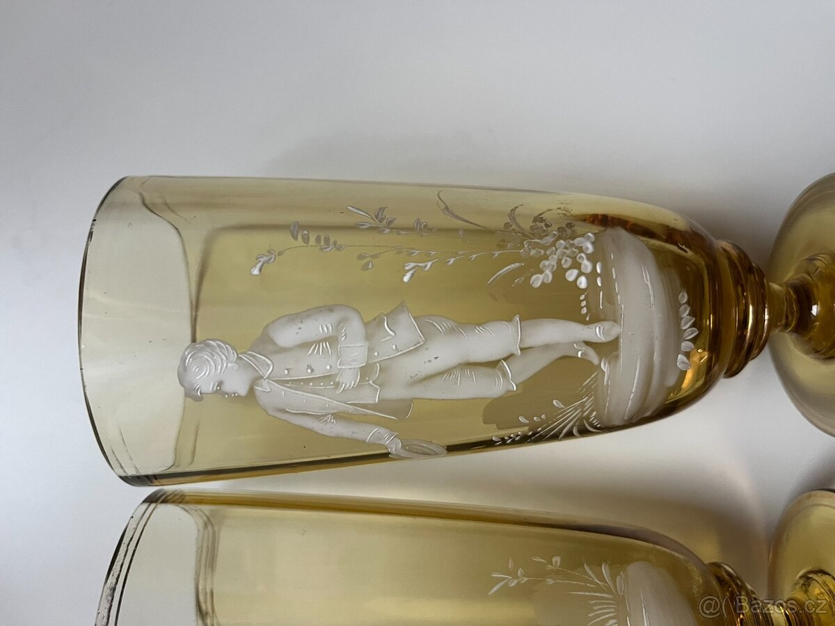 Mary Gregory - žluté starožitné poháry, ručně malované - 7