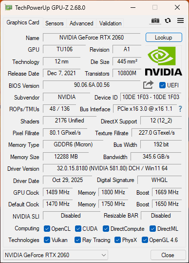 GeForce RTX 2060 GAINWARD Ghost 12GB GDDR6 - 7