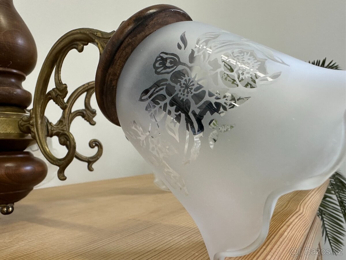 Závěsný rustikální lustr 5-ti ramenný s pískovaným sklem. - 7