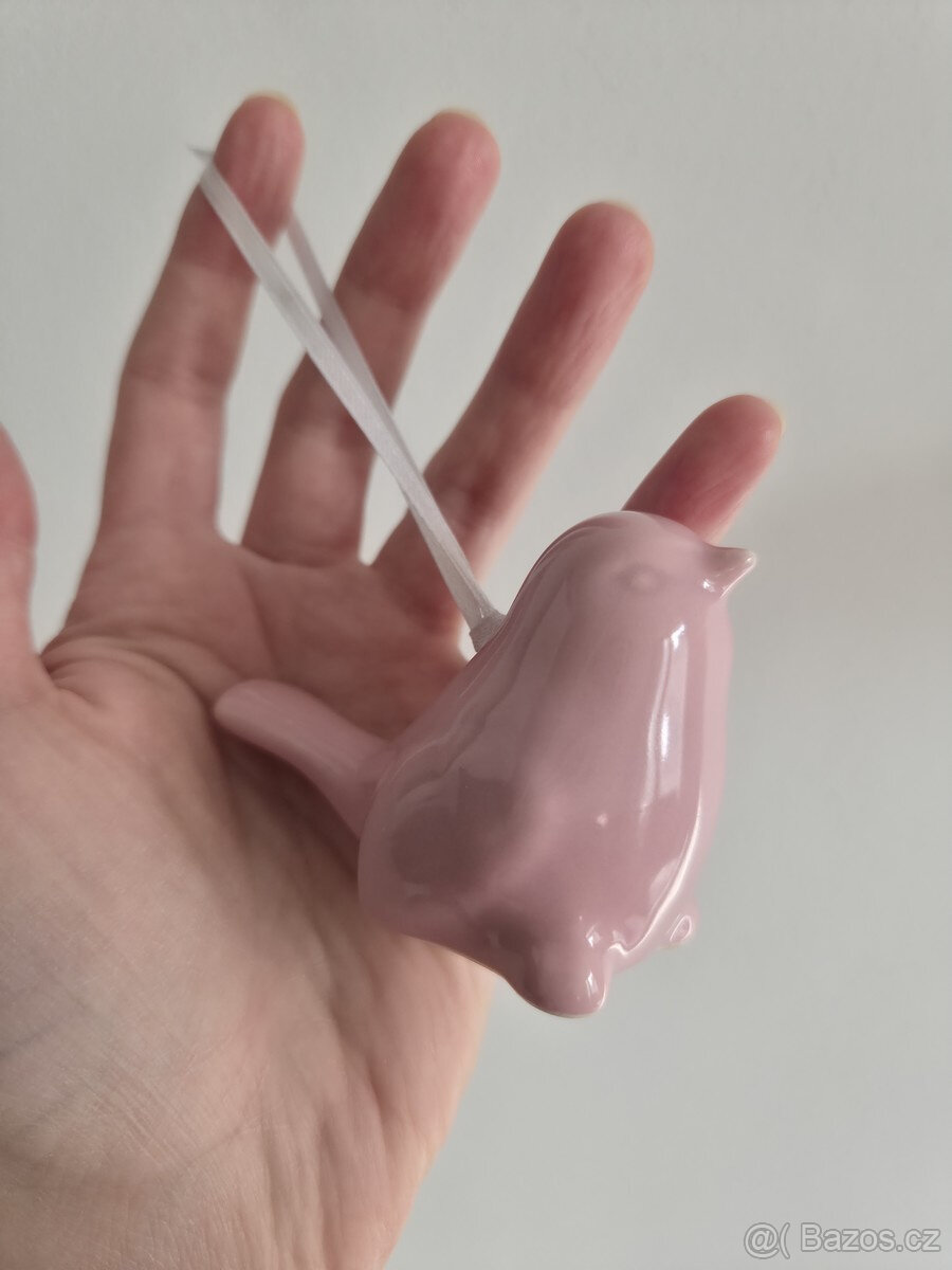 Růžový keramický ptáček dekorace ozdoba zavěšení - 7