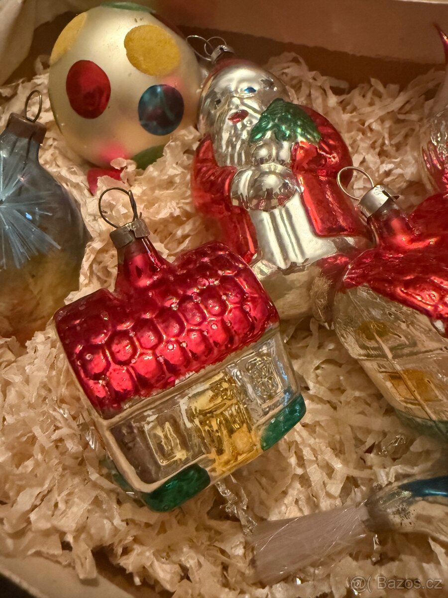 Starožitné vánoční ozdoby konvolut 8 kusů foukané sklo - 7