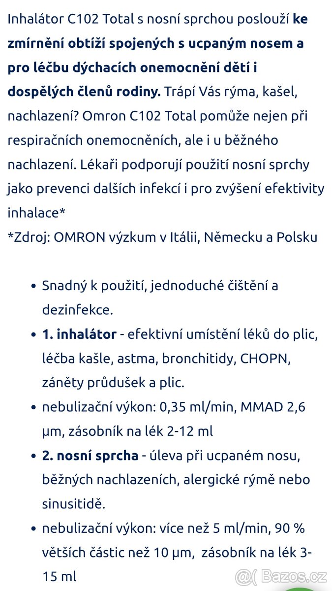 INHALÁTOR KOMPRESOROVÝ OMRON C102 Total PŘÍSLUŠENSTVÍ VČ. NO - 7
