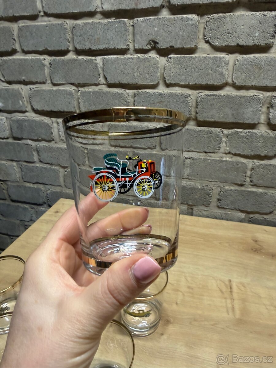 Sada retro skleniček s motivem veteránů – 6 ks, zlatý lem - 7