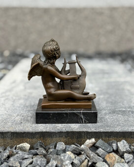 Bronzová andělská soška Putto s lyrou anděl dítě figurka - 7