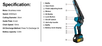 Aku řetězová pila 8" pro Makitu baterie 18V + bohaté přísl. - 7