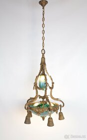 Secesní bronzový lustr  se stínidly z irizovaného - 7