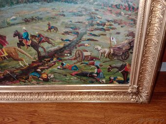 Pěkný,starý obraz-olej- bitva na poli - 7