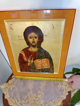 Starožitná dřevěná, lakovaná a zlacená Ikona. - 7
