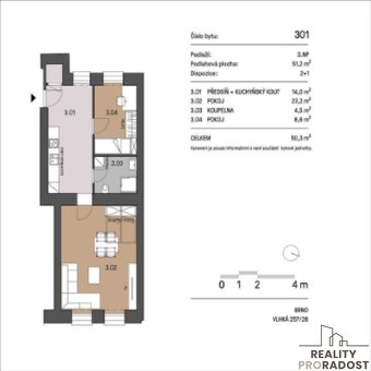 Pronájem vybaveného bytu 2+1 52,26m2 v Brně, na ulici Vlhká - 7