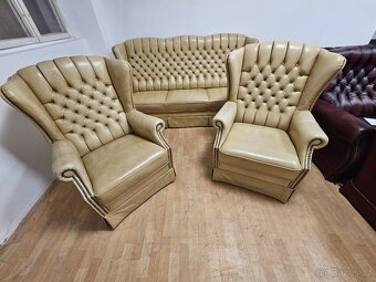 Chesterfield štýl,kožená vysoká sedačka,farba cappuccino - 7