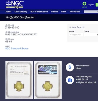 Svatováclavský dukát 1933, certifikace NGC MS 66 - 7