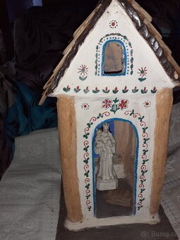 Starožitný hrací obraz, kaplička se soškou - 7