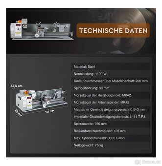 Soustruh stolní na kov 1100W 220x750mm Mini soustruh - 7