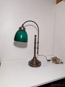 mosazná lampička, lampa, zelené stínidlo, bankéřka - 7