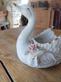 VELKÁ RUČNĚ VYROBENÁ ZLACENÁ PORCELÁNOVÁ LABUŤ-MÍSA FRANCE - 7