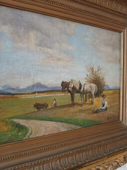 Starožitný obraz signovaný rok 1900 ze zadu štítek malíře. - 7