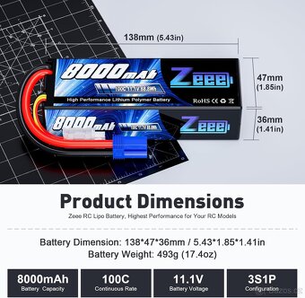 3S LiPo baterie 8000mAh 11.1V 100C Hard Case,kon. EC5 (2 ks) - 7