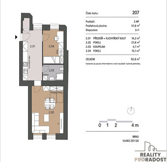 Pronájem vybaveného bytu 2+1 52,54m2 v Brně, na ulici Vlhká - 7