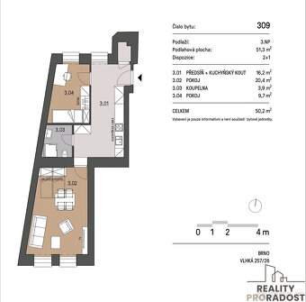 Pronájem vybaveného bytu 2+1 52,26m2 v Brně, na ulici Vlhká - 7