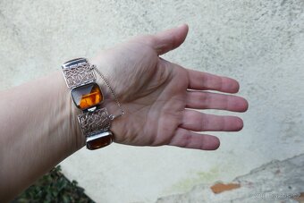 Luxusní stříbrný Art Deco náramek jantar, filigrán - 7