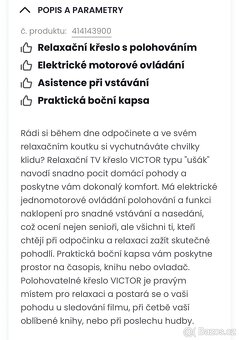 Relaxační TV křeslo s elektr. polohováním - 7