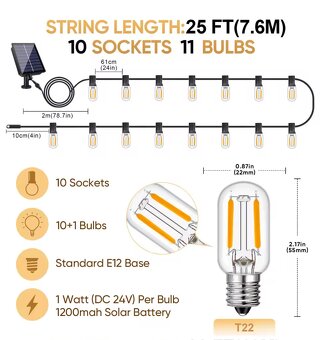 LED solární řetěz s žárovkami, 10x E12 LED - 7