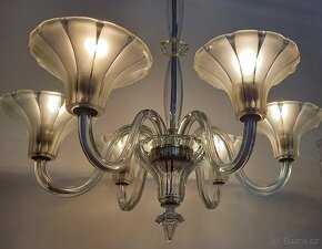 Starožitný celoskleněný šesti ramenný lustr, Art deco - 7