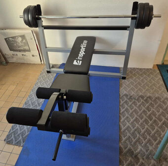 Posilovací bench lavice s dvouruční činkou a zavážíma - 7