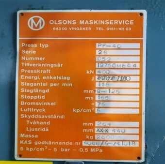 Excentrický lis PF-40 ze Švédska, rok 1975 - 7