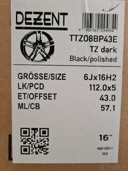 Alu kola DEZENT 5x112, 6Jx16, ET43, NOVÉ - 7